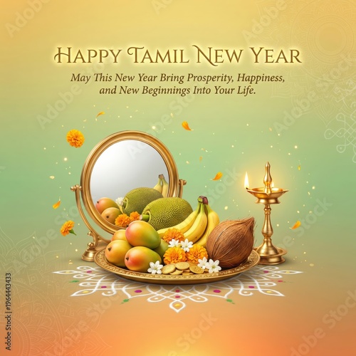 Vibrant Tamil New Year greeting with auspicious like a golden lamp, fruits, and flowers on a decorative rangoli pattern