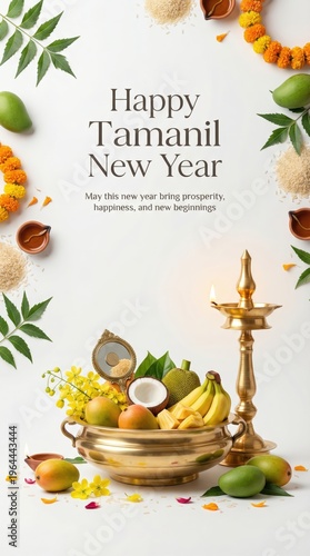 Traditional Tamil New Year celebration arranged artistically with a golden oil lamp, fruits, and flowers on a white background