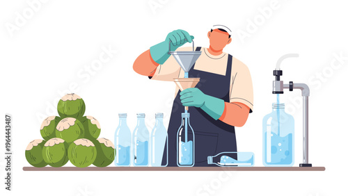 Coconut Water Bottling Process: An expert hand meticulously pours fresh coconut water through a funnel, filling up a glass bottle at the bottling factory. Showcasing the quality and process.
