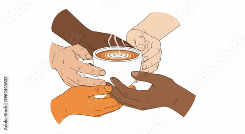 Hands of various skin tones come together to hold a warm cup of coffee, representing global unity, diversity, friendship, and shared experiences.