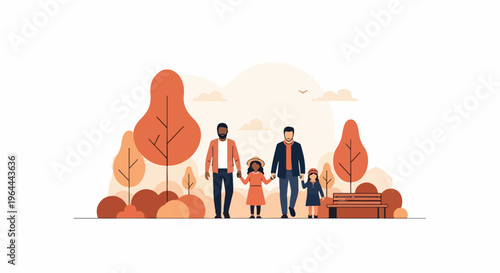 Happy diverse gay family with two fathers and two children walking hand in hand through an autumnal park, enjoying quality time together.