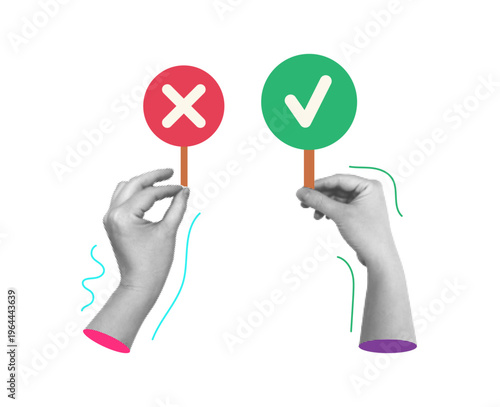 Hands holding signs with check mark and cross icons. Vector isolated halftone arms collage with doodles in pop art style. Decision making, approval or rejection in digital or survey interfaces