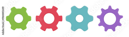 Gear icons collection. Vector isolated 3d pinions and cogs. Wheels mechanism element. Cogwheels templates. Components of mechanical systems. Constituents of simple devices and engines