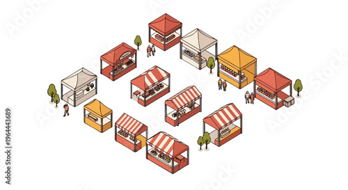 Isometric illustration of a vibrant outdoor street market with various food and retail stalls, people browsing, and trees, depicting a lively community event or festival.