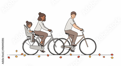 Diverse family riding bicycles together on a path with autumn leaves falling, enjoying outdoor activity