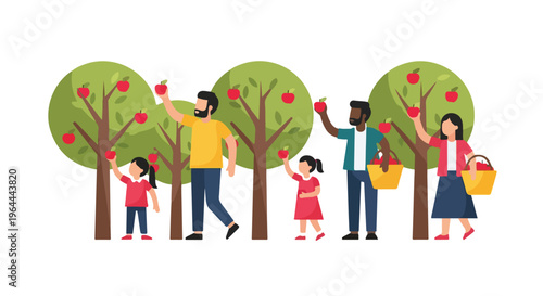 Diverse families and friends picking apples from trees in an orchard, enjoying autumn harvest and outdoor activity