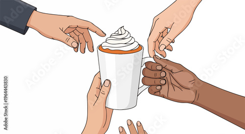 Multiple diverse hands reaching for a mug of coffee with whipped cream, symbolizing sharing and community