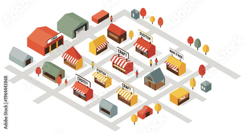 Isometric illustration of a small town with shops, houses, and trees on a grid street layout.