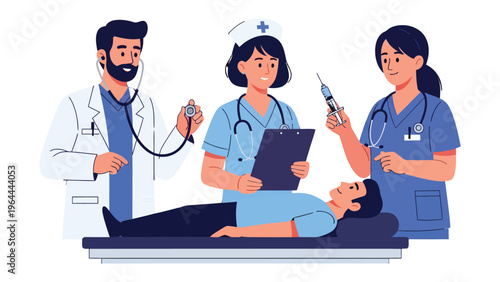 Medical Team Care: A dedicated medical team, comprised of a doctor and two nurses, provides compassionate care to a patient. This scene highlights healthcare and healing.