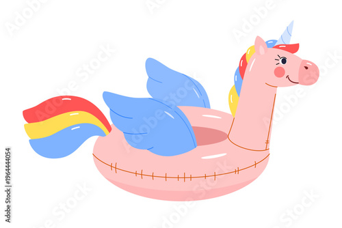Cute inflatable unicorn pool float for kids. Vector illustration of swimming ring in shape of pink pegasus in rainbow colors for swimming on beach on isolated background.