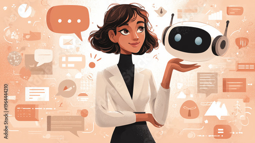 Woman interacting with chatbot, humanizing artificial intelligence and demonstrating modern customer service
