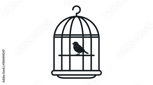 Black silhouette illustration of a small bird sitting peacefully inside a classic bird cage on an isolated white background.