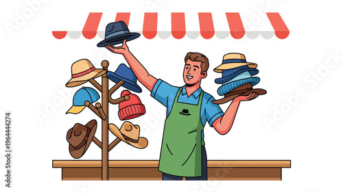 Hatter's Display: A hatter arranges and presents an array of stylish hats, showcasing his craft and wares, in a welcoming shop setting.