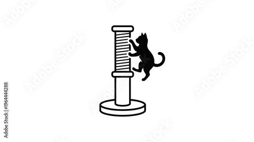 Black silhouette illustration of a cat perching happily on top of a scratching post on an isolated white background.