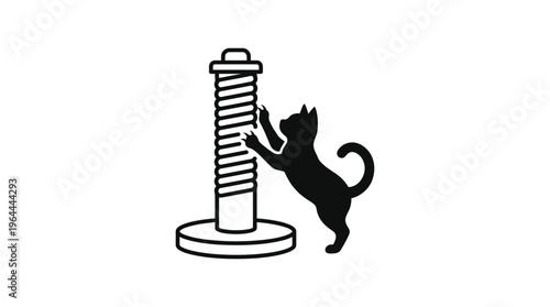 Black silhouette illustration of a playful cat scratching a cat tree post on an isolated white background.
