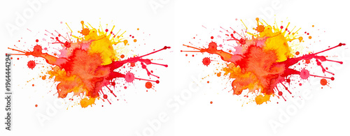 Vibrant red and yellow paint splatters isolated on transparent background