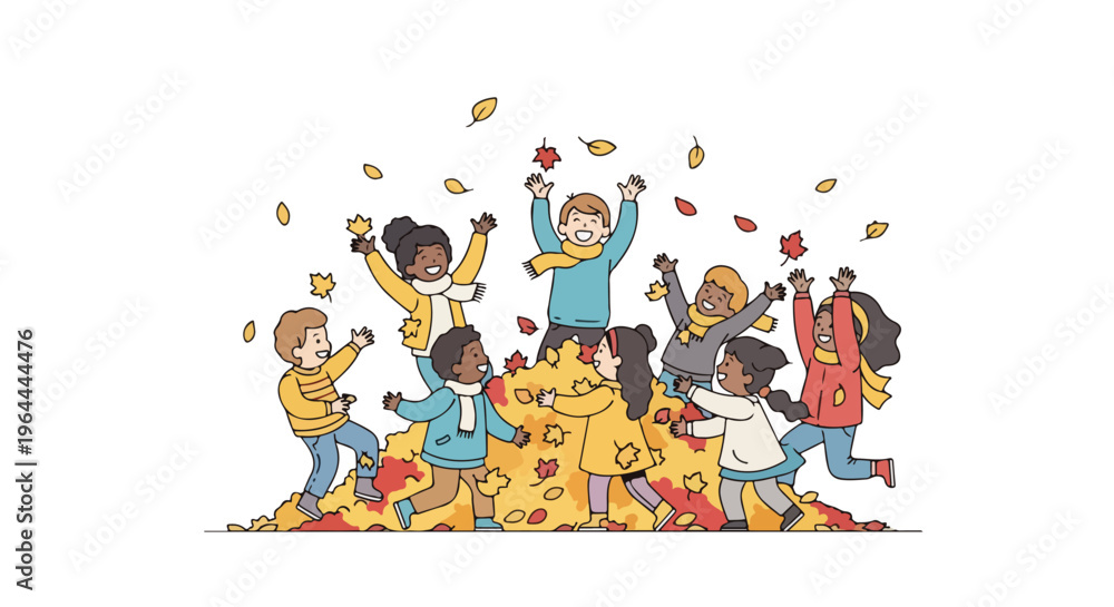 Fototapeta premium Diverse group of happy children playing and throwing leaves in the air during autumn season, joyful activity