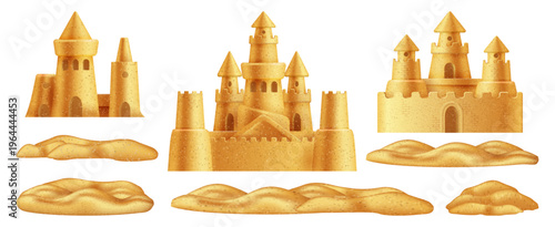 Castle compositions with piles of sands. Vector isolated realistic summer elements. Seaside vacation and handcrafted grain structures. Travel banner, holiday design or family leisure