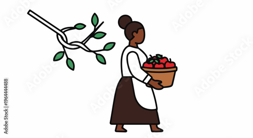 Woman carrying basket of red fruits, with a branch tied in a knot and green leaves