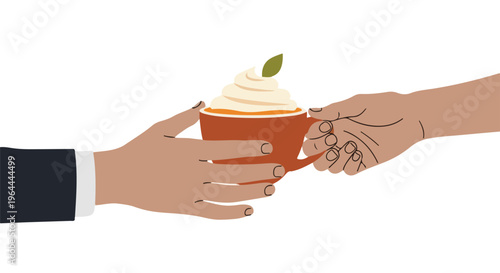 Two hands exchanging a warm cup of coffee topped with whipped cream and a leaf garnish