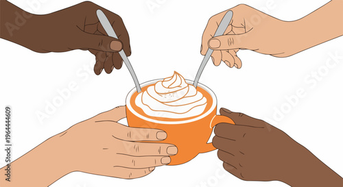 Illustration of diverse hands sharing a cozy hot drink with whipped cream in an orange mug, representing unity, friendship, and autumn comfort.