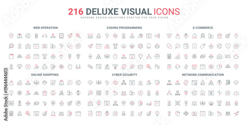 Support services for online store, data exchange and upload, cyber security line icons set. Virus protection, software code testing and settings thin black and red outline symbols vector illustration