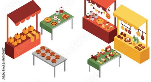 Isometric illustration of various autumn market stalls featuring pumpkins, festive drinks, pies, and baked goods for fall harvest festivals and holiday celebrations.