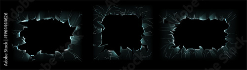 Glass with realistic broken edges. Vector holes in windowpane in form of geometric shapes. Rectangles and squares frames set. Sharp corners structures and ripped borders with copy space