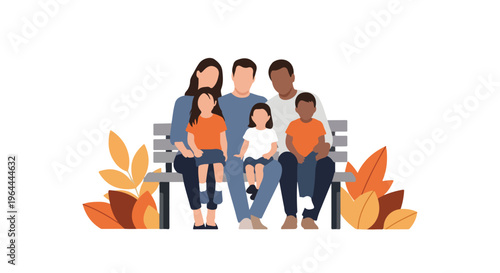 Happy diverse family with three children sitting on a park bench, surrounded by warm autumn leaves. Flat vector illustration of family togetherness and fall.