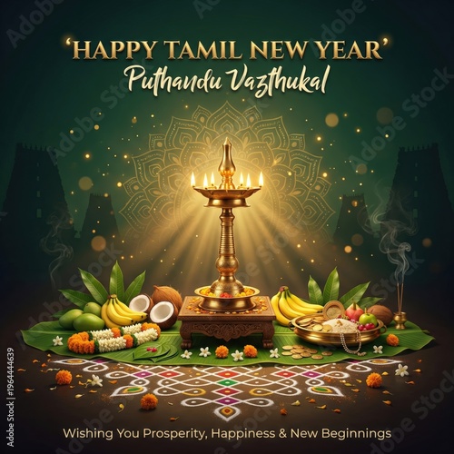 Festive Tamil New Year Puthandu Vazhuthukal' with a radiant lamp, fruits, and a traditional Kolam on a green background