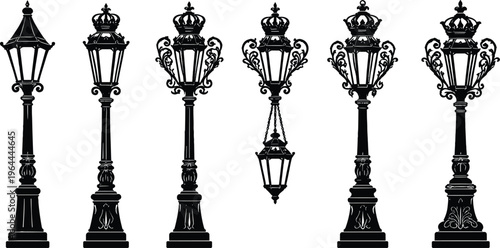 Detailed black silhouette vector collection of vintage street lamps and antique garden lanterns with classic ornamental designs for urban lighting and historic park decor