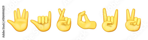 Hand symbols with complex positions. Vector isolated 3D human palms demonstrating crossed fingers, horn gesture and rock sign, peace symbol and expressive variations. Communication and body language