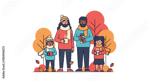 Diverse family enjoying autumn day with hot drinks, wearing cozy winter clothes amidst colorful fall foliage, flat vector illustration of togetherness and warmth.