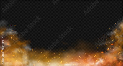 Smoke floor fire composition with active flame and ember particle movement. Vector smoky burning ground surface. Intense hazard backdrop for emergency theme. Risk concept and dramatic background