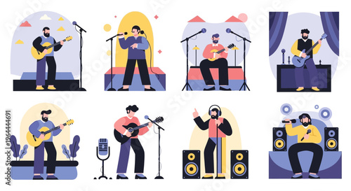 Diverse Musicians Performing Live Music with Various Instruments and Microphones.