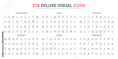 World religions and religious spiritual symbols of god and faith, Islam, Christianity line icon set. Scientists research and experiment, science articles thin black and red outline vector illustration