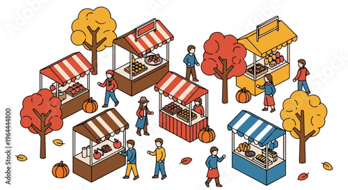 Isometric autumn market scene with people browsing stalls selling food and crafts, surrounded by fall foliage.