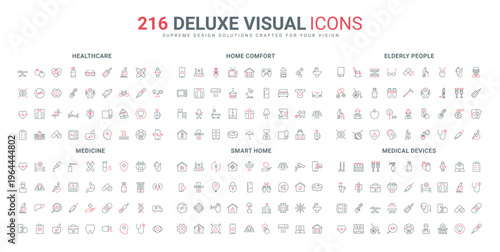 Mobile apps for smart home, online control of settings, medical devices, elderly line icon set. Equipment, furniture and plants for home comfort thin black and red outline symbols vector illustration