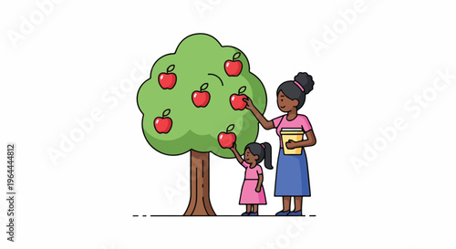 Mother and daughter picking apples from a tree, healthy lifestyle, organic food, family fun, outdoor activity, autumn harvest