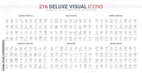 Medical device and surgery, laboratory equipment, healthcare, smart home line icon set. Elderly, communication and gadgets for grandma and grandpa thin black and red outline symbol vector illustration