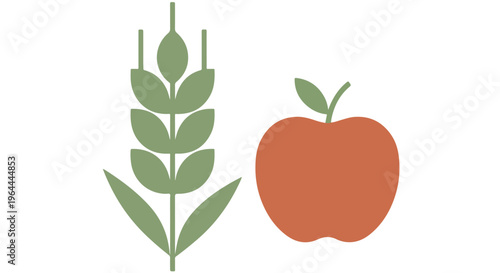 Simple vector illustration of a wheat stalk and a red apple on a white background, representing food and agriculture.