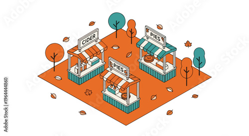Isometric autumn market illustration featuring three charming food stalls offering fresh cider, delicious pies, and artisanal bread, surrounded by fall trees and leaves.