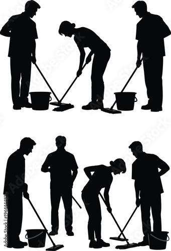 Set of black silhouettes of professional cleaning staff using mops and buckets, janitorial service crew team icons isolated on white background for maintenance design.