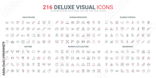Insurance of life and property, focus on human resources line icon set. Weight control and health check in hospital, retirement and elderly thin black and red outline symbols vector illustration