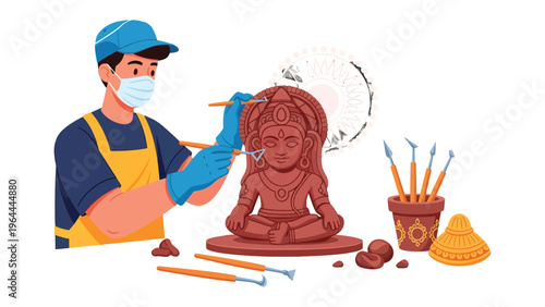 Sculpting Artistic Expression: A skilled artist, wearing protective gear, meticulously carves a detailed clay sculpture of a deity, focusing with utmost care and precision on every artistic detail.