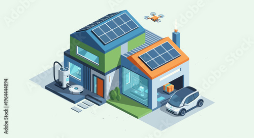 Modern Smart Home with Solar Panels and Electric Car Charging Station.