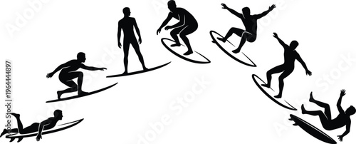 Surfer silhouette collection featuring professional male surfers in action poses including paddling riding waves and wiping out for summer sports and extreme water activities