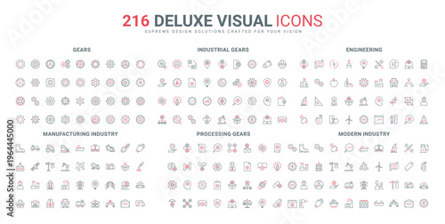 Industry, manufacturing and transport infrastructure, gears and cogwheels line icon set. Workshop garage and industrial process mechanism thin black and red outline symbols vector illustration