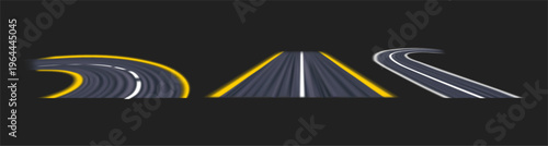 Curved and straight racing tracks. Vector realistic speedways with blurred effects and divider lines. Motorsport and gaming backgrounds, racing and dynamic motion based design projects