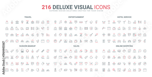 Travel and entertainment, hotel line icons set. beauty cosmetics and perfume, fashion makeup and sales in online shop, museum and airport ticket thin black and red outline symbols vector illustration